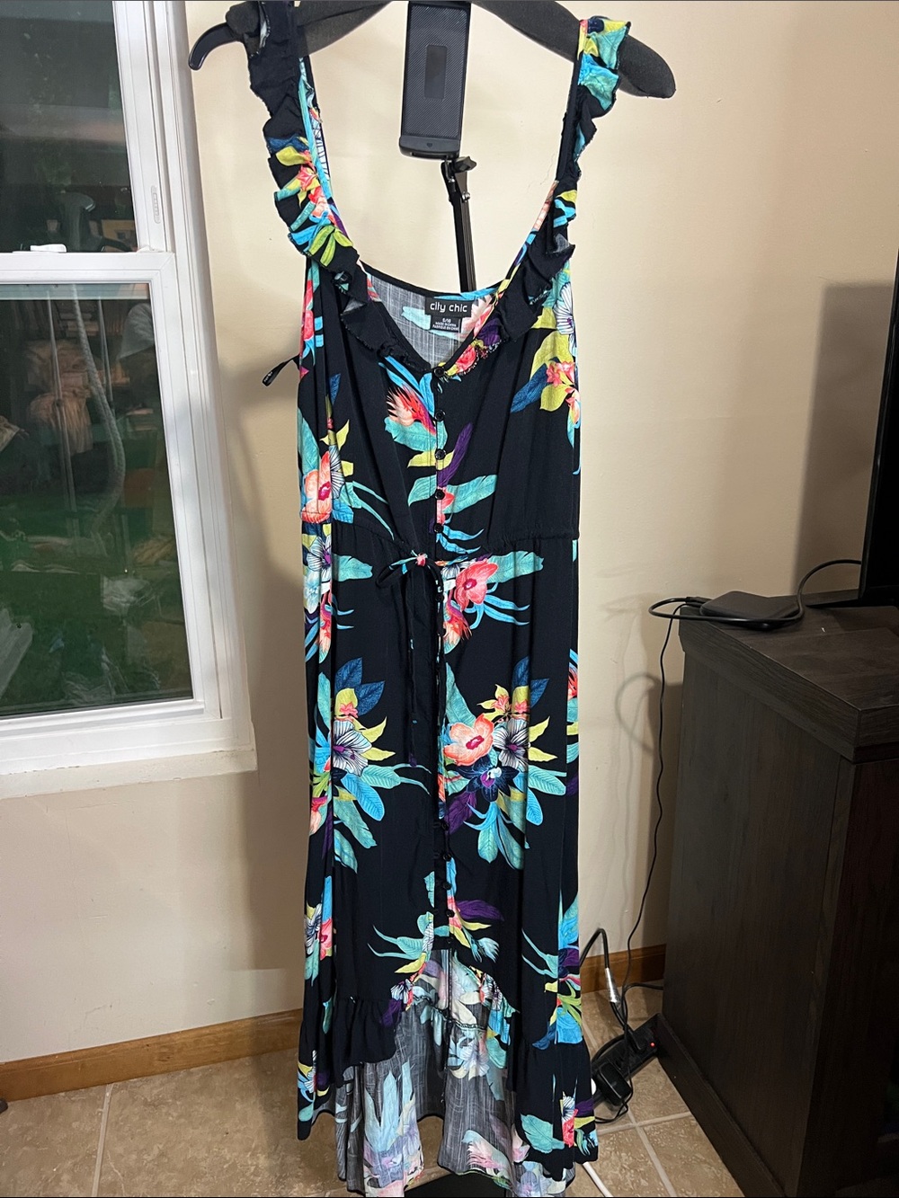 City Chic Black Tropical Floral Maxi with Ruffle Straps